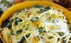 Pasta con setas, jamon y espinacas